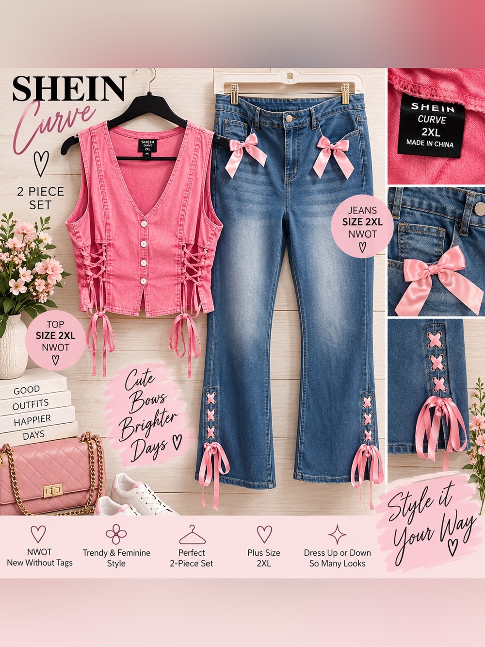 SHEIN Curve 2XL Pink Bow Top & Bow Detail Jeans 2-Piece Set NWOT 🎀